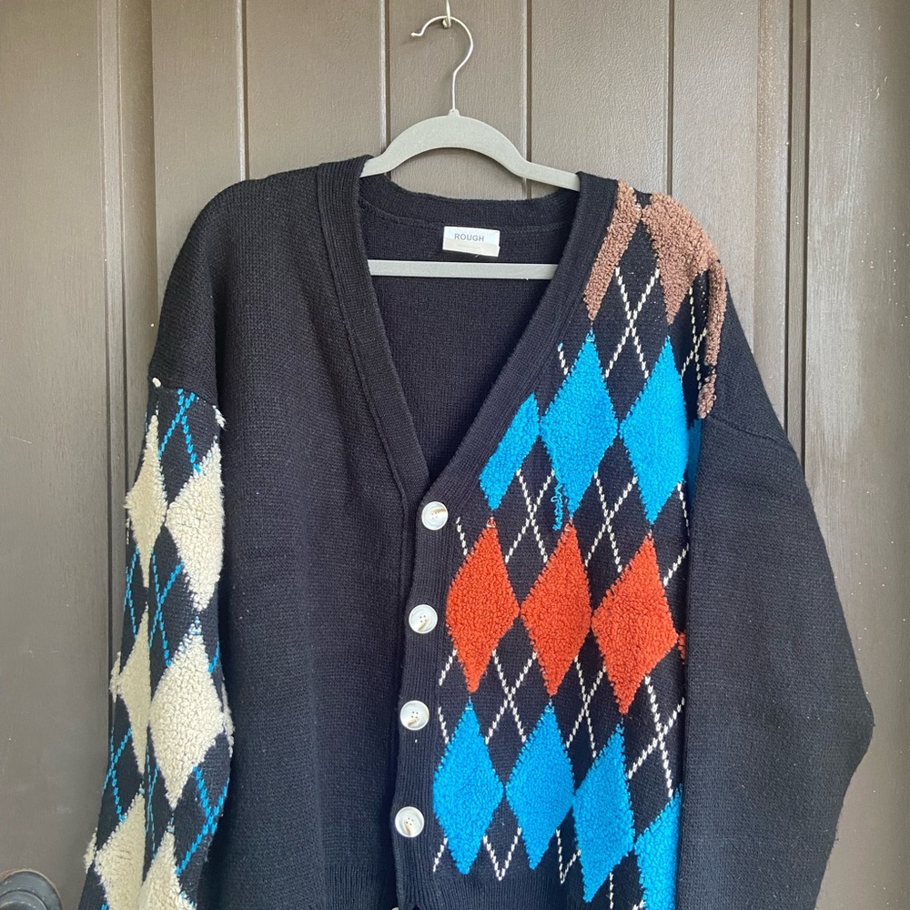 Rodier Black and Blue Argyle Cardigan Sweater